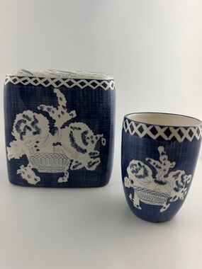 BLUE & WHITE Tissue Box Holder and Bathroom Cup Ceramic Set